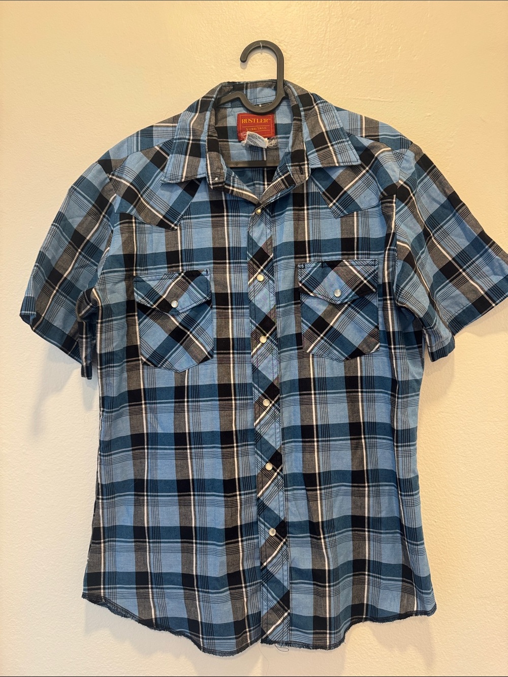 Rustler Blue and Black Plaid Short-Sleeve Button Down Shirt